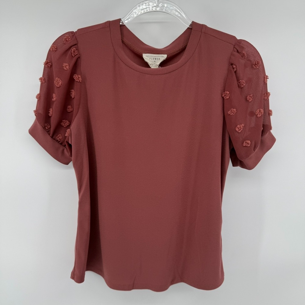Flower & Feather Blouse Top Womens Small Terracotta Stretch Pom Pom‎ Puff Sleeve